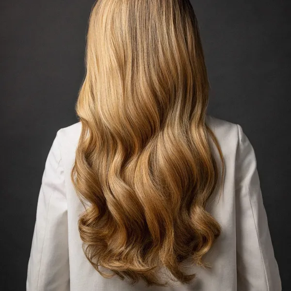 Lange blonde Haare in Wellen, von hinten